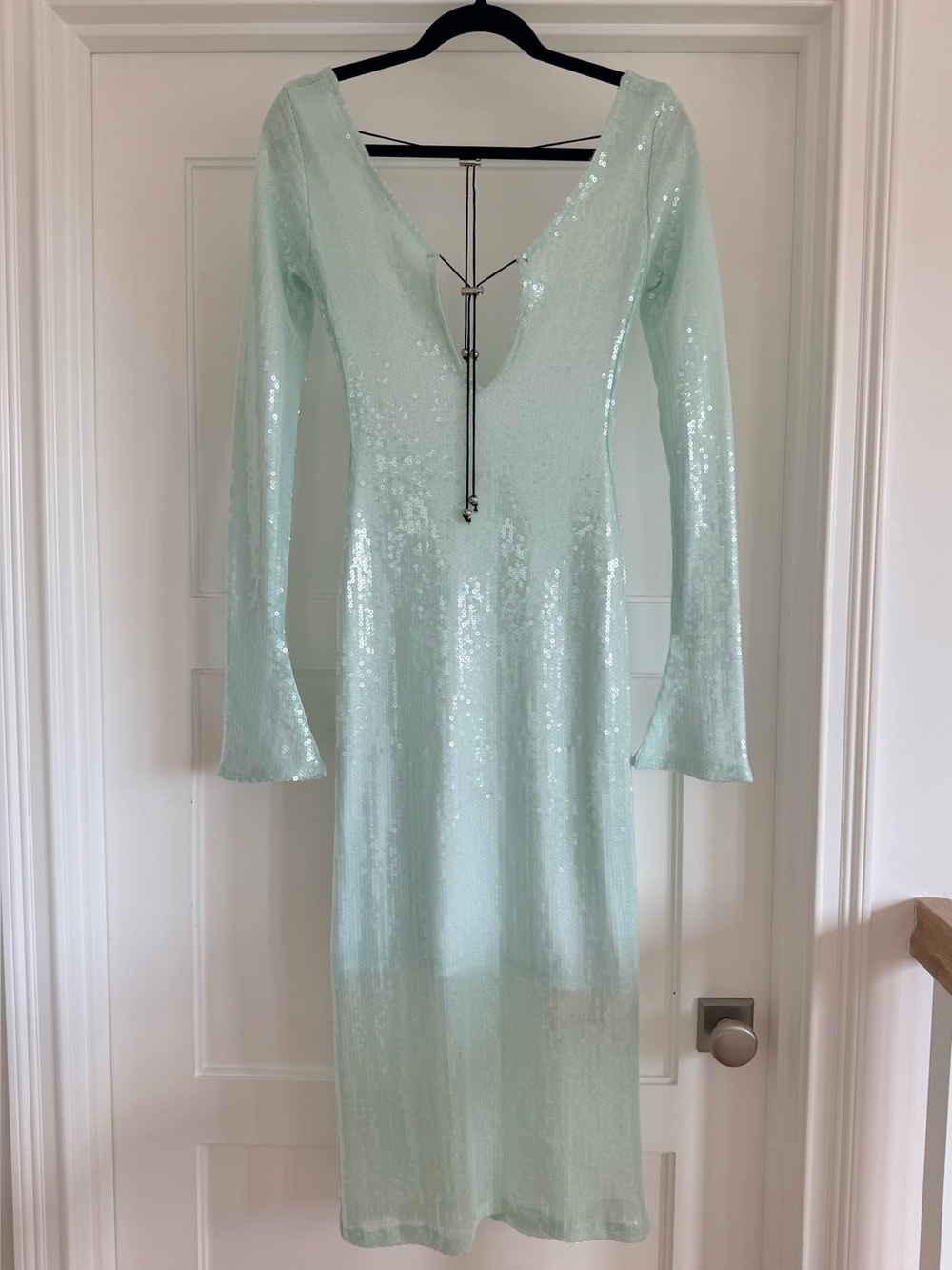 NWT Mew Mews Teal Mint Sian Long Sleeve Sequin Backless Maxi Dress Womens XS
